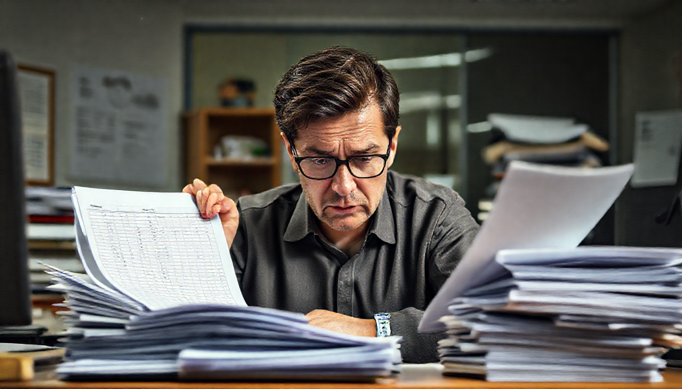 수기 및 엑셀 근태관리로 인한 업무 비효율과 담당자의 피로감을 표현한 사무실 모습