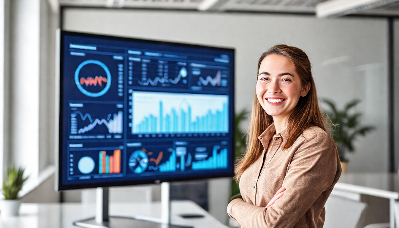 밝은 사무실에서 데이터와 그래프를 시각적으로 발표하는 젊은 프레젠터의 생생한 모습