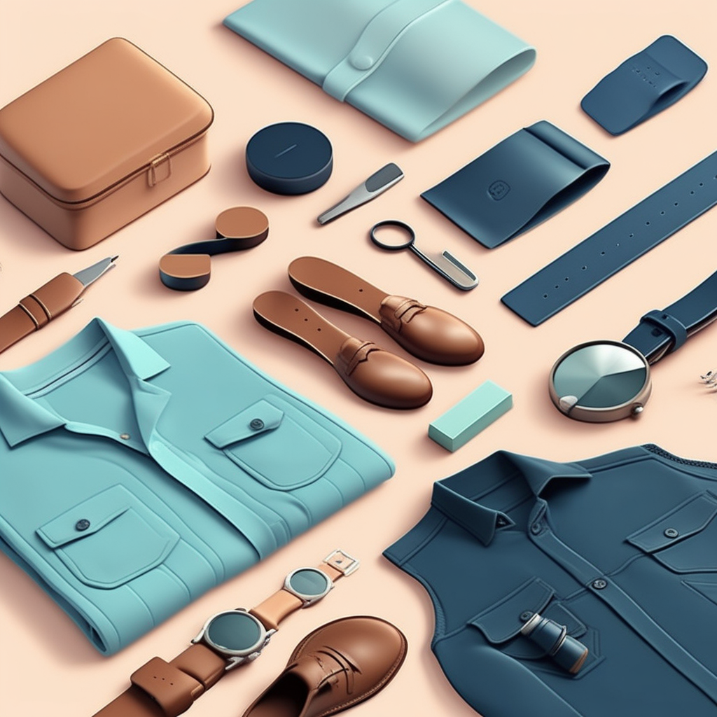 가죽 벨트, 캐시미어 니트, 전기 면도기, 그루밍 세트, 기능성 신발, 경량 패딩 조끼로 구성된 패션 및 그루밍 선물 이미지
