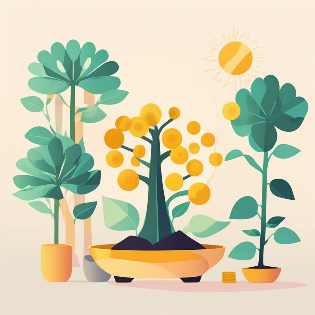 돈나무, 해바라기 그림, 코끼리 장식품, 말 조각상, 부엉이 소품 5가지 풍수 인테리어 아이템을 모던하게 표현한 일러스트