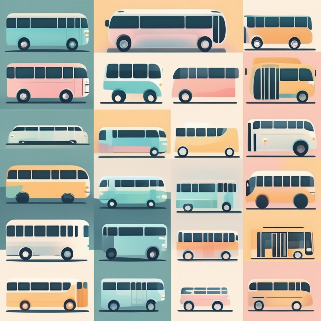다양한 크기와 편의시설을 갖춘 여러 종류의 버스 일러스트