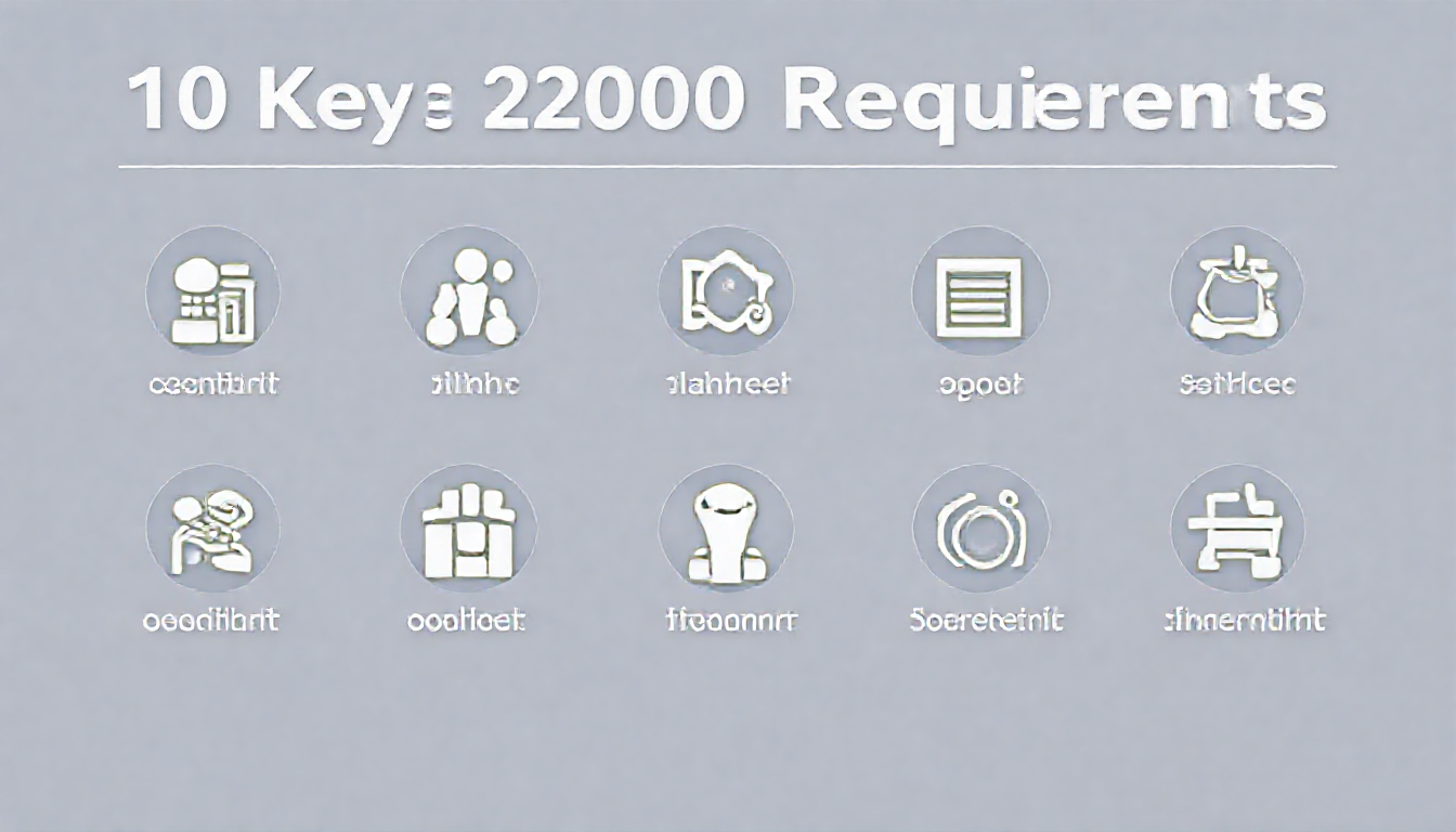 ISO 22000 인증 심사 기준 10가지 핵심 요구사항을 아이콘과 함께 시각화한 인포그래픽 이미지