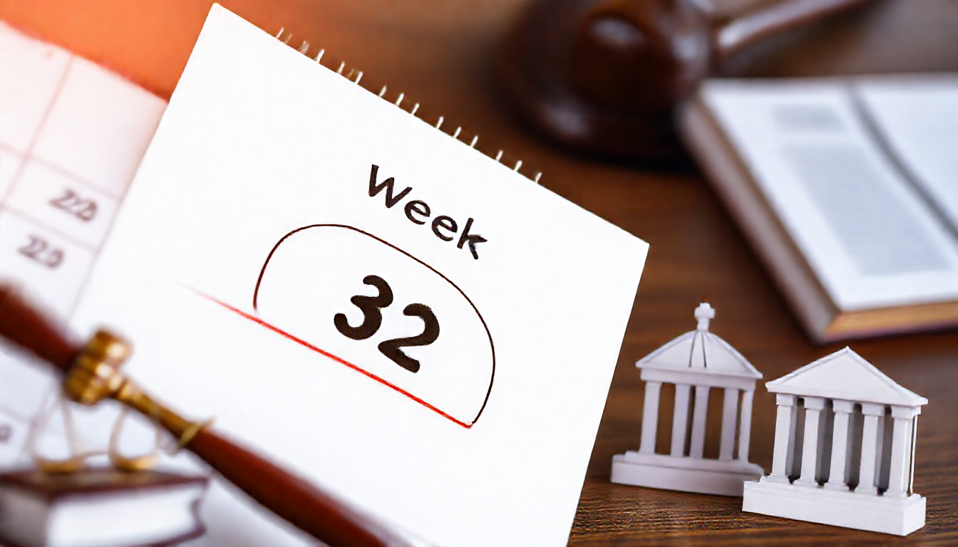 2025년 주 52시간 근무제 법적 의무를 나타내는 달력과 법률 아이콘 이미지