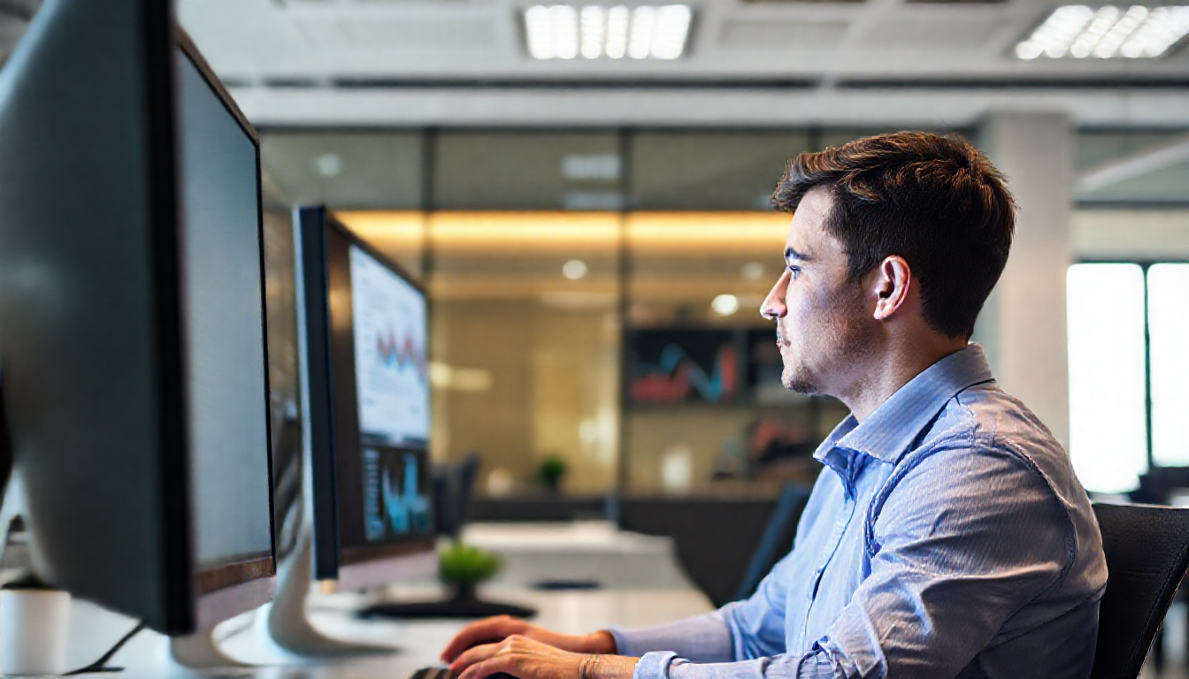 현대적인 사무실에서 밝은 컴퓨터 화면으로 문서를 검토하는 사람의 클로즈업 사진