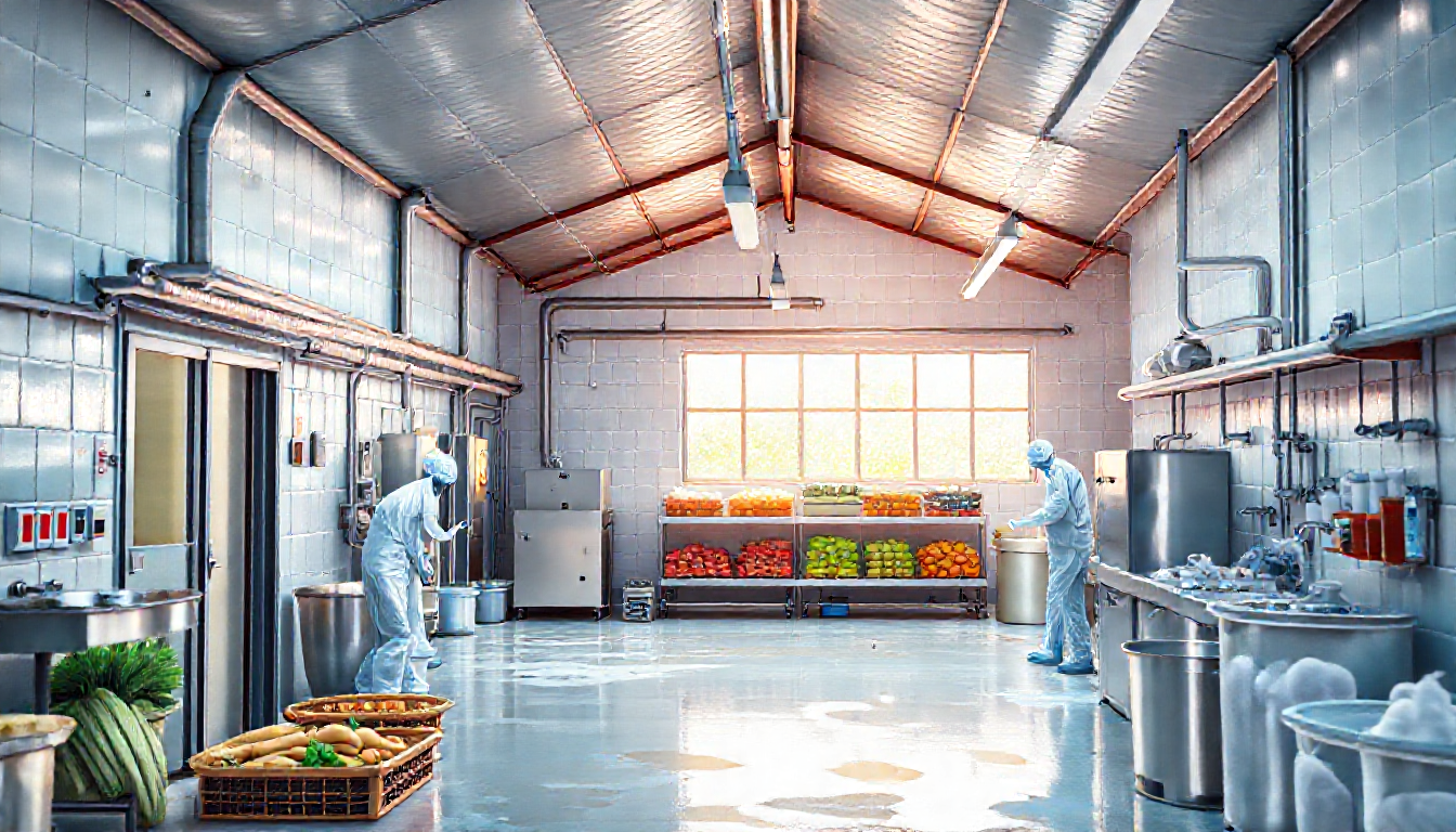 선행요건프로그램(PRPs) 활동을 나타내는 위생적이고 청결한 식품 생산 환경 이미지