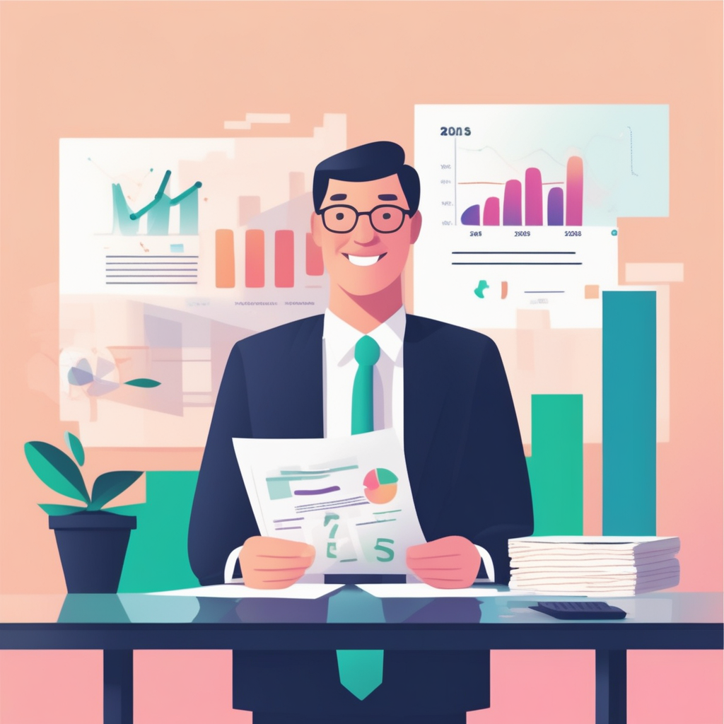 2025년 개인사업자 절세 성공을 상징하는 안도하는 사장님과 재정 문서, 성장 그래프 그림
