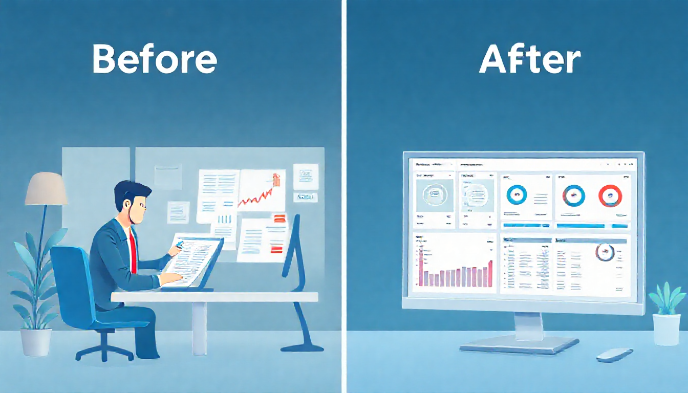 마케팅 에이전시의 자동화 전후 변화를 표현한 이미지