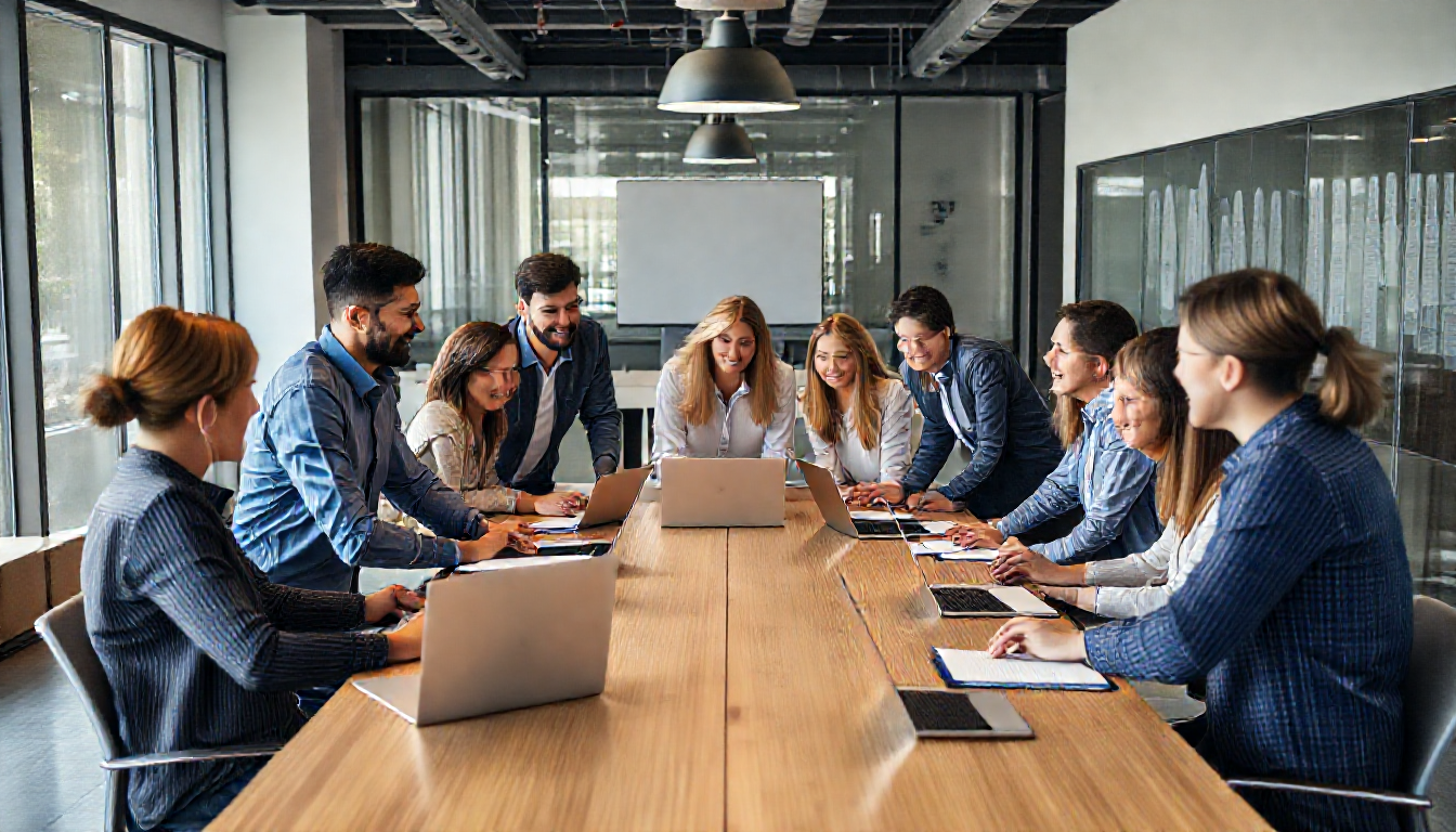현대적 사무실에서 노트북과 태블릿을 활용해 함께 브레인스토밍하는 다양한 전문가 그룹