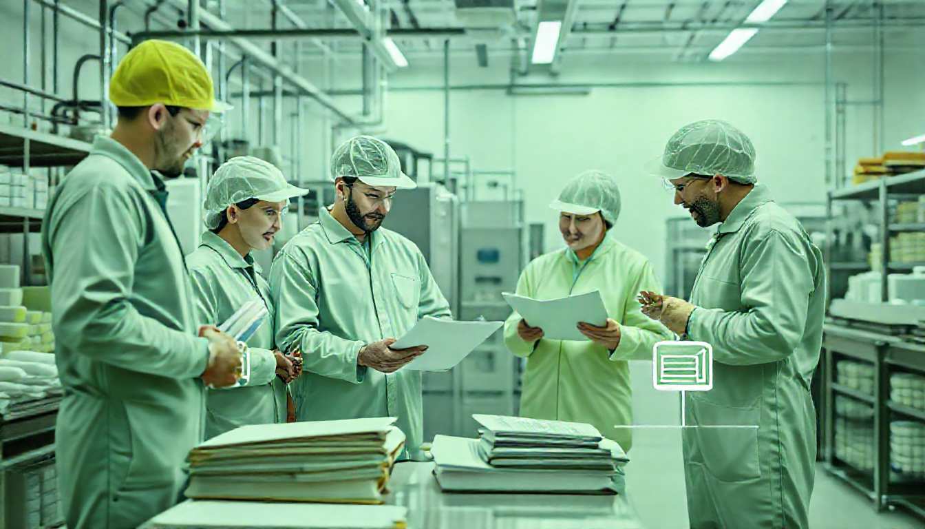 ISO 22000 필요 조건과 FSMS 구축 단계를 실무적으로 보여주는 식품 안전 팀 이미지