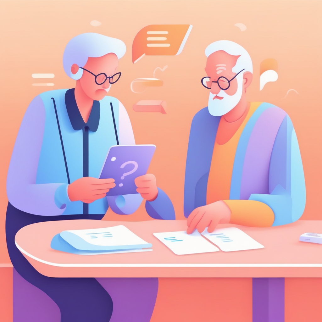 기초연금 신청 취소 방법 및 추가 질문 상담을 받는 어르신과 상담사의 모습