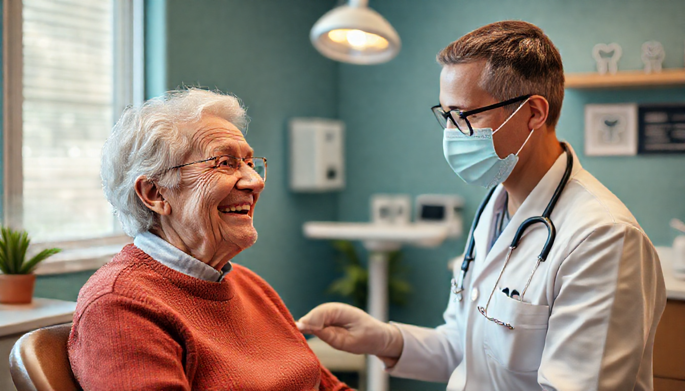 65세 이상 어르신이 치과에서 건강보험 임플란트 지원 대상자 여부를 확인하는 모습