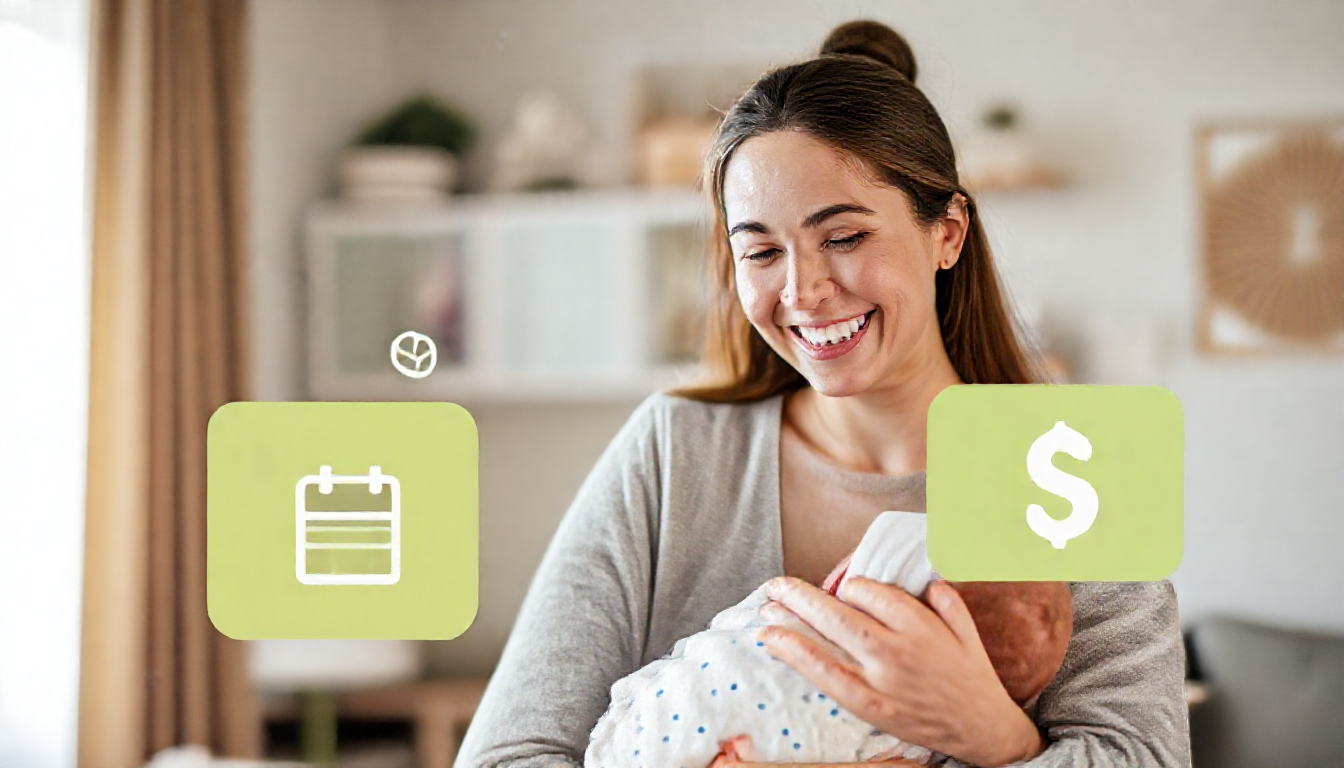 아이와 시간을 보내는 기쁜 부모님의 모습, 육아휴직과 소득 지원을 상징하는 아이콘 포함