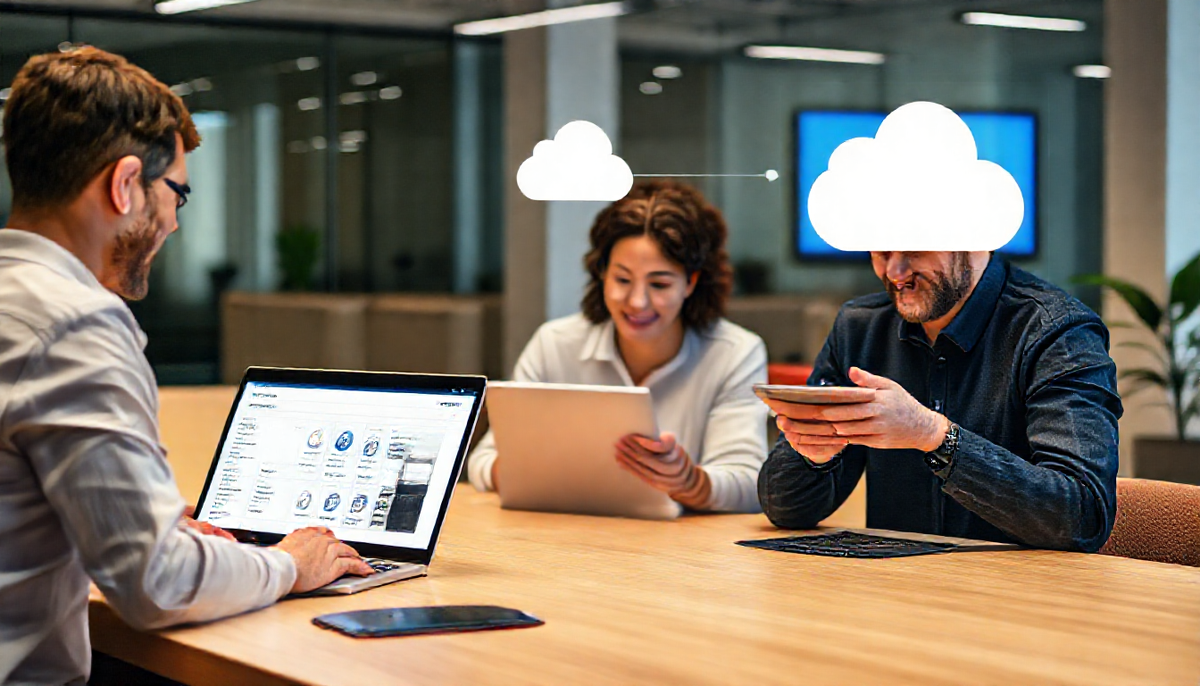 클라우드 기반 디지털 매뉴얼을 활용하는 직원들의 모습