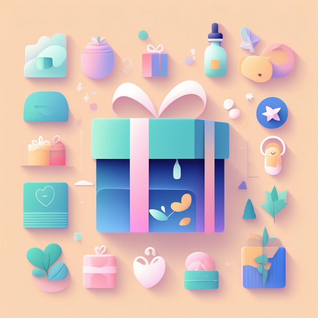예산별 출산선물 선택을 위한 다양한 예산 아이콘과 아기, 산모의 선물 이미지