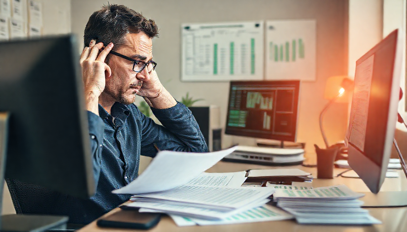 중소기업 근태관리 담당자가 출퇴근 기록과 엑셀 시트로 스트레스를 받고 있는 모습