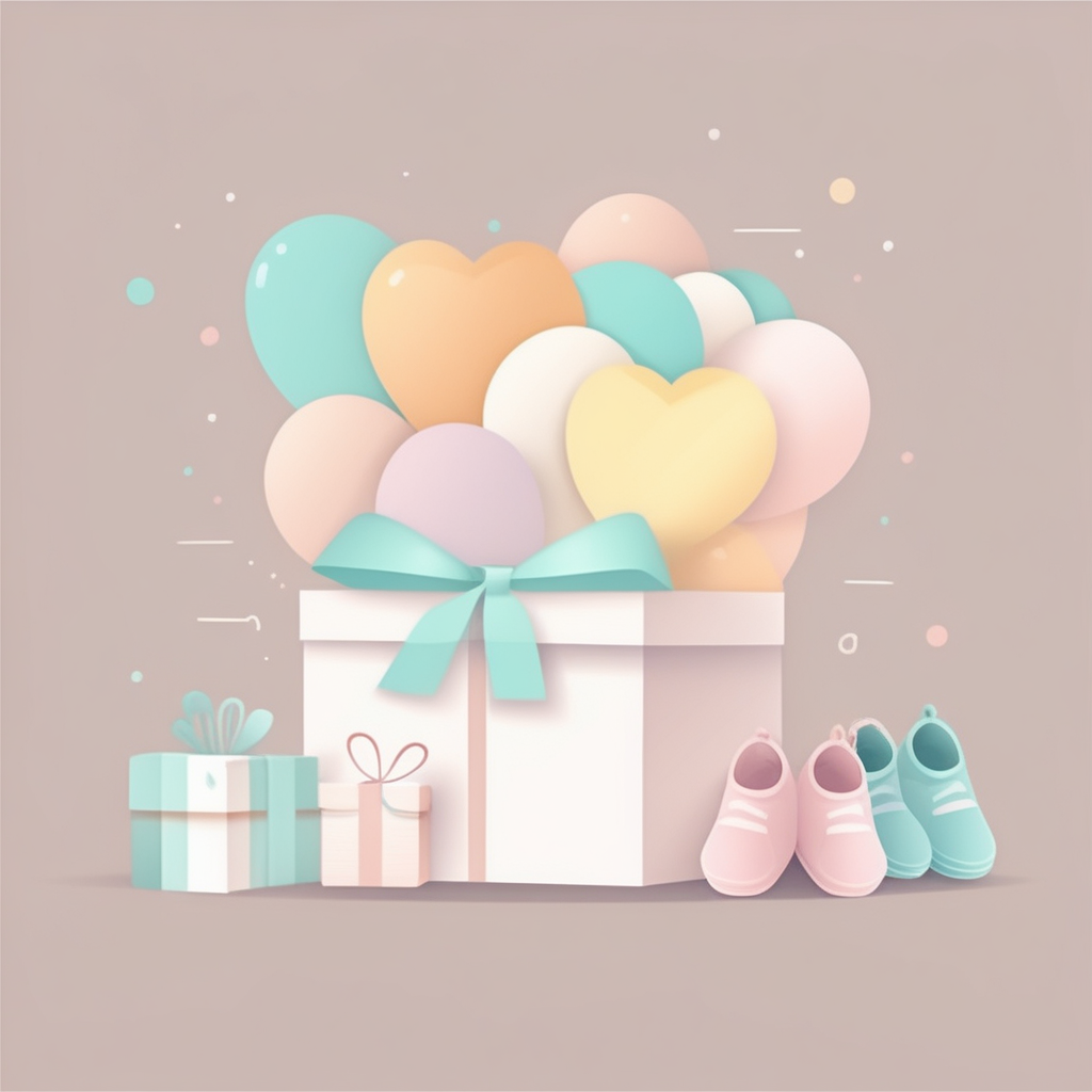 아기 옷과 출산용품이 선물 상자와 함께 따뜻한 축하 분위기를 연출하는 이미지