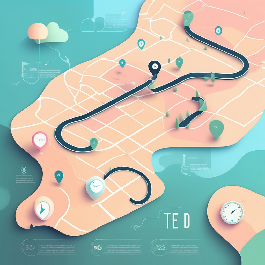 출발지부터 경유지와 도착지까지 거리와 시간이 표시된 지도와 시계 아이콘 일러스트