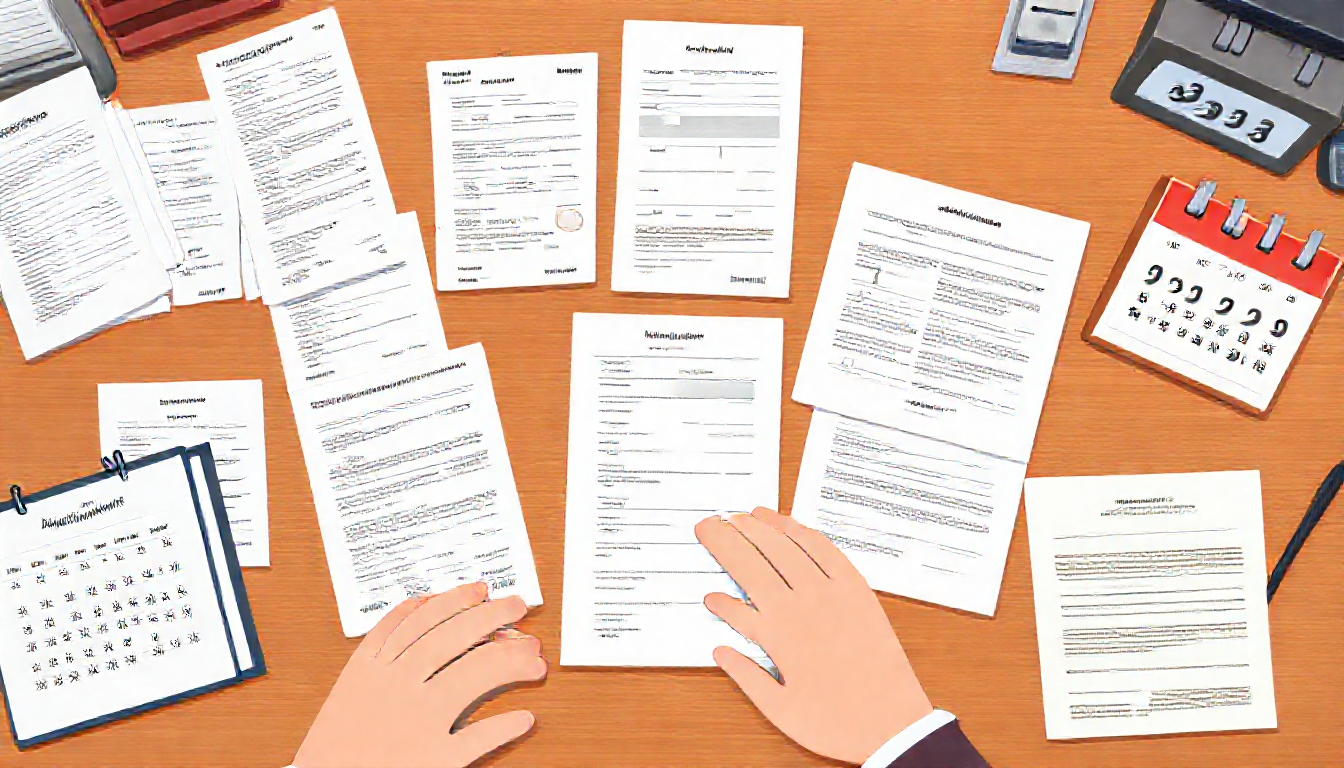 2026년 1월 달력과 함께 의료비 영수증, 기부증명서, 임대차 계약서 등 서류를 정리하는 장면 애니메이션