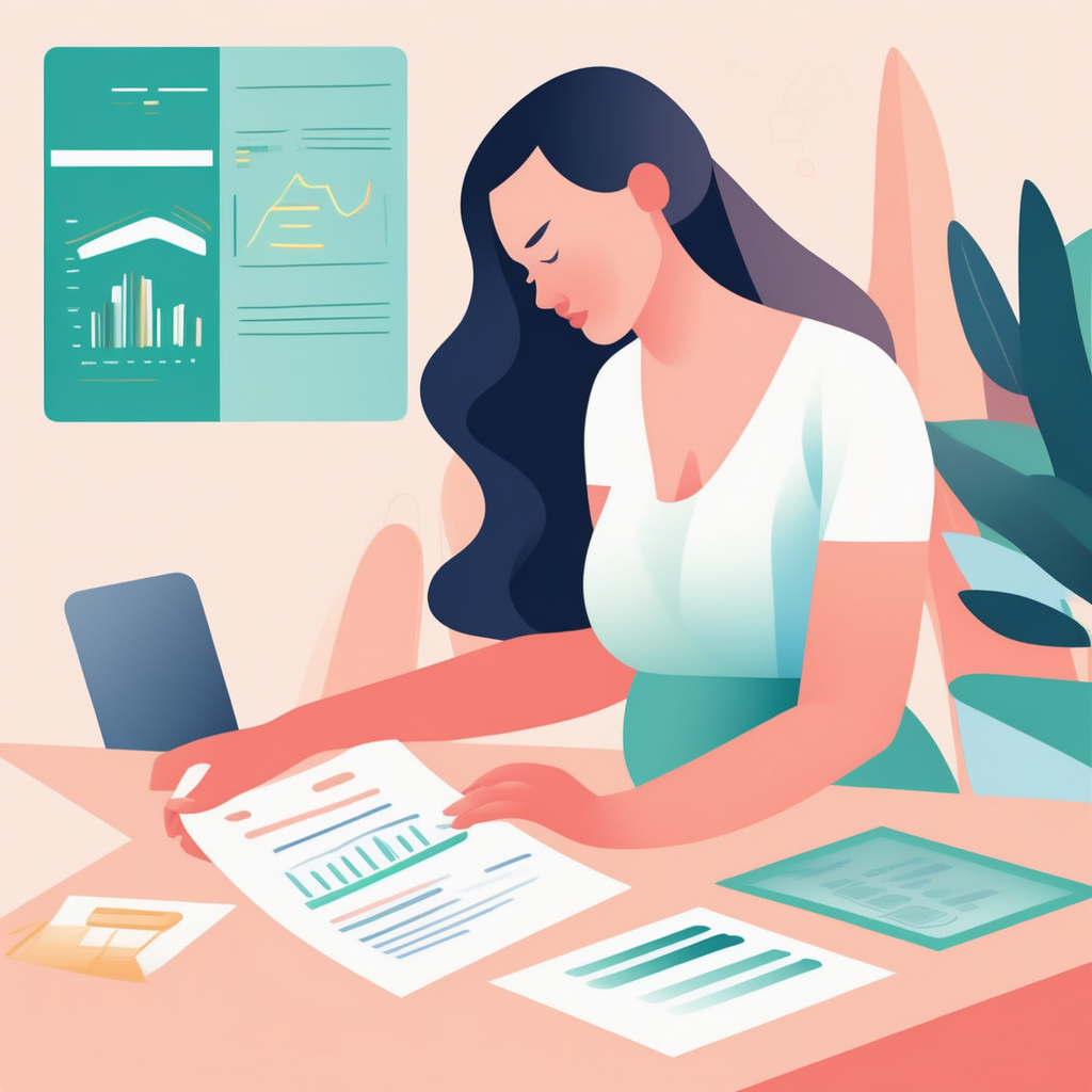 임산부가 다양한 보험 설계 내용을 비교하며 신중하게 결정하는 모습을 나타내는 이미지