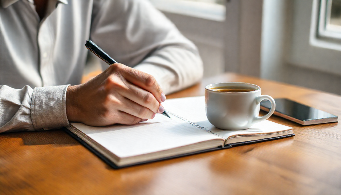 부드러운 자연광 아래 나무 책상에서 노트에 글을 쓰는 사람과 커피 한 잔의 모습