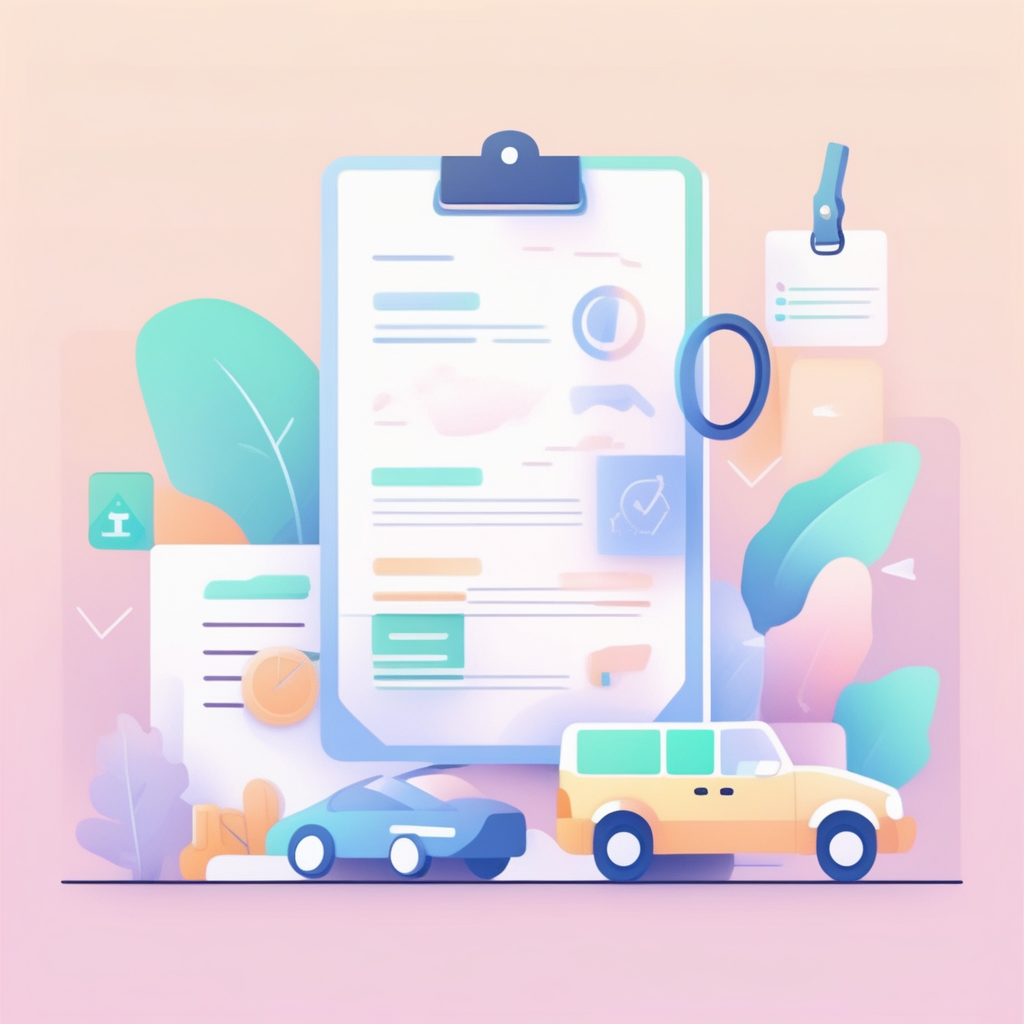 최종 견적, 안전, 차량 상태, 평판, 계약 조건, 정식 등록 확인사항이 있는 체크리스트 일러스트