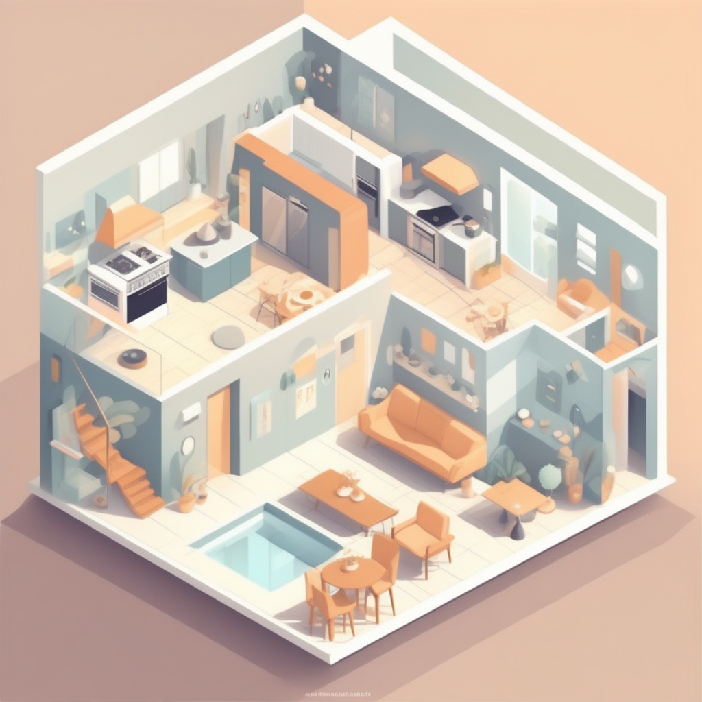 맞춤형 설계와 표준 설계의 비교와 가족 생활 동선을 표현하는 집의 평면도 일러스트