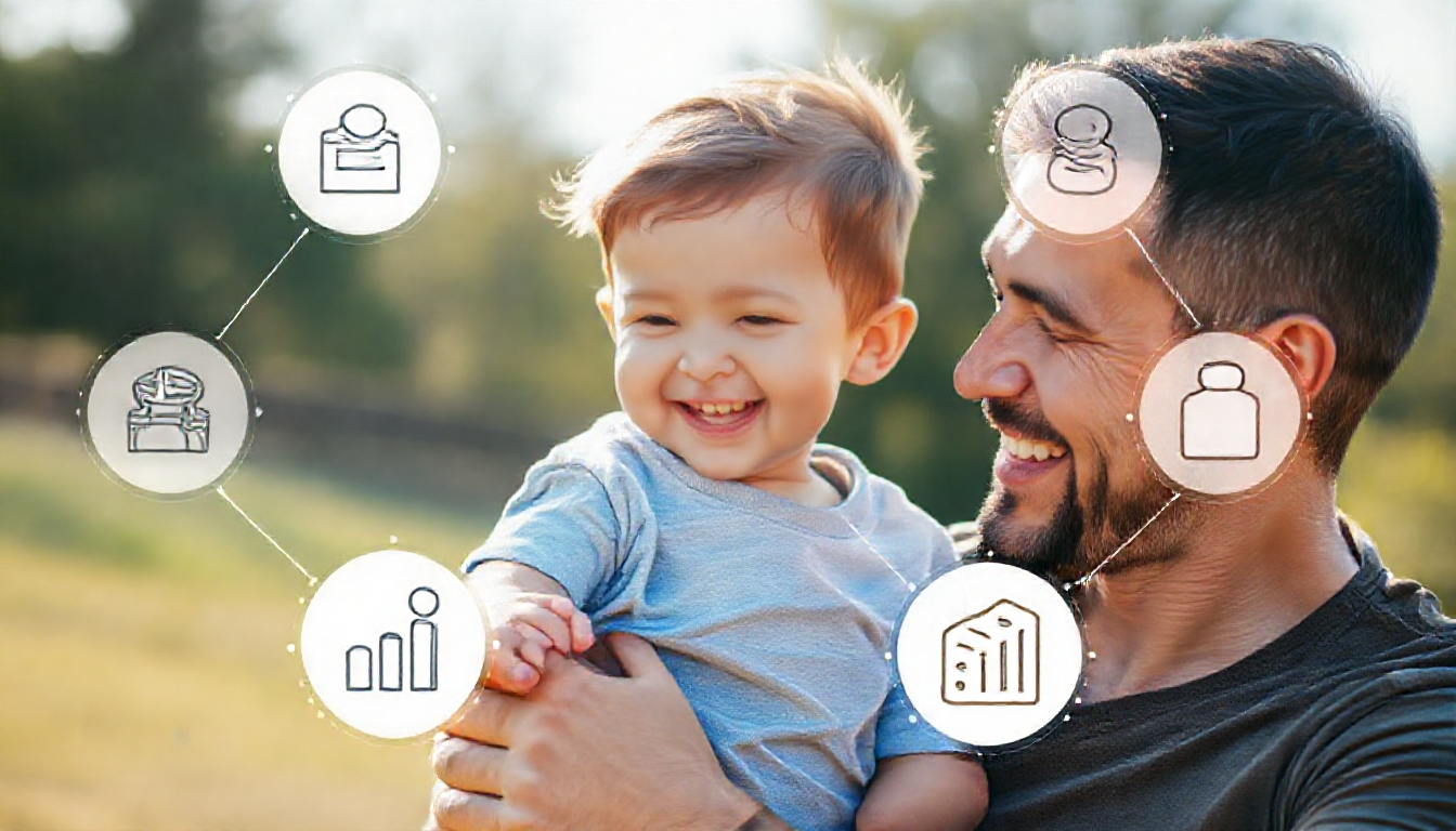 아빠가 아이와 야외에서 즐거운 시간을 보내며 가족 유대감과 재무 계획의 중요성을 표현하는 장면