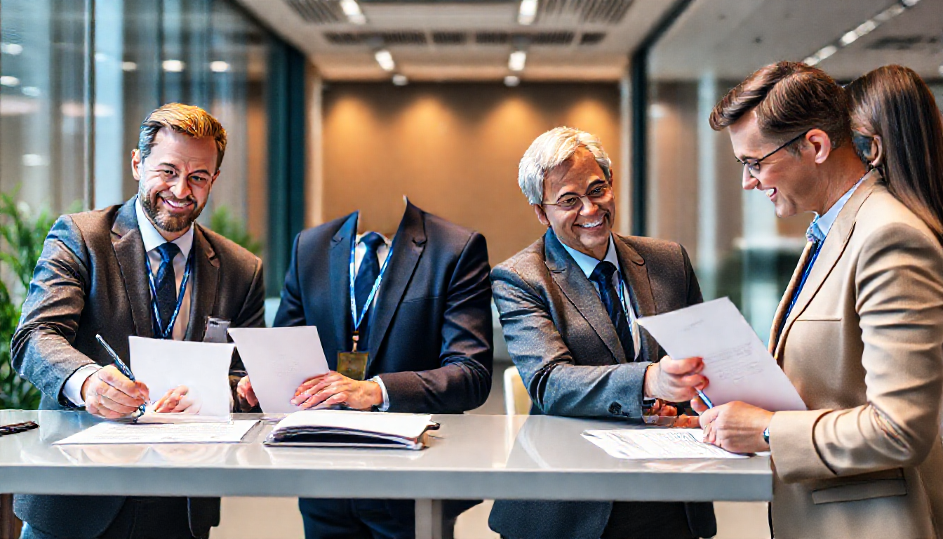 입사 및 퇴사 관리 절차를 보여주는 계약서 작성과 비품 지급 및 반납 이미지